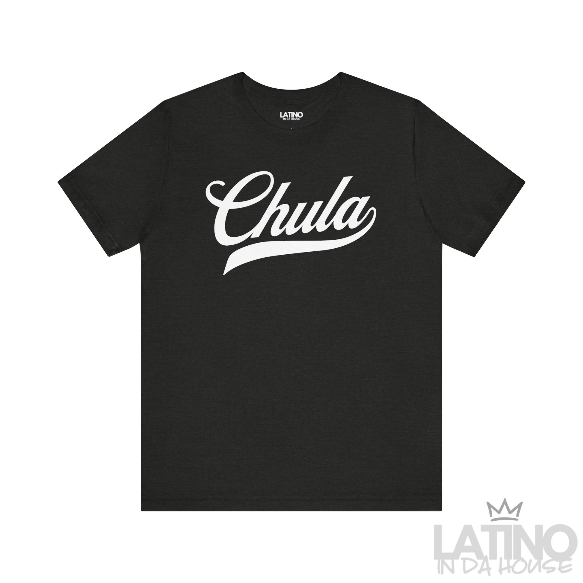 Heather Black T-shirt with “Chula” in bold script – Latino In Da House
