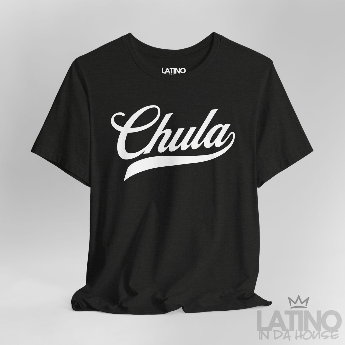 Heather Black Chula T-shirt, close-up showing script design detail. Latino In Da House