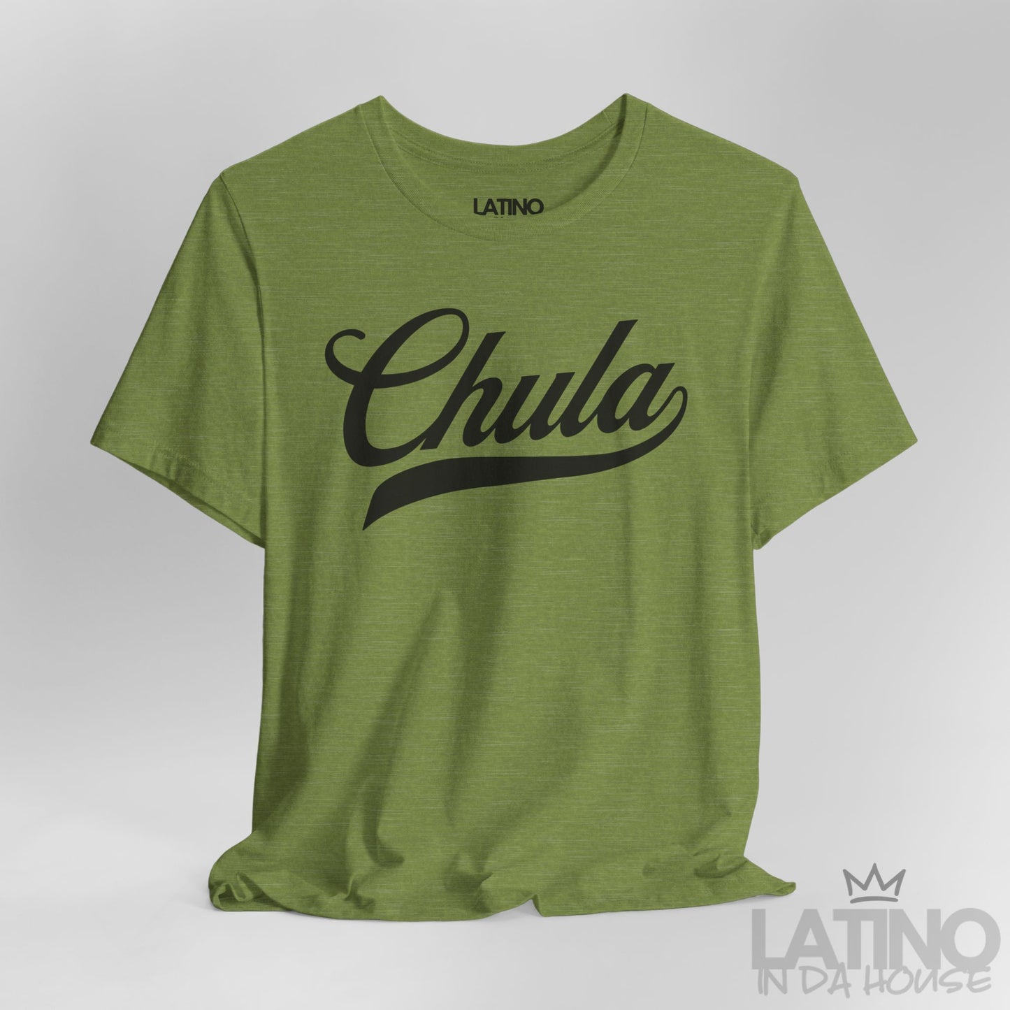 Heather Green Chula T-shirt, close-up showing script design detail. Latino In Da House