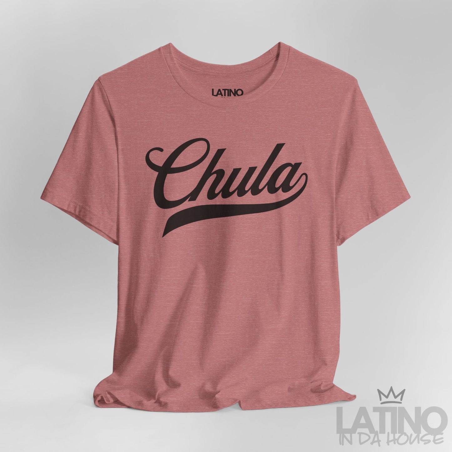 Heather Mauve Chula T-shirt, close-up showing script design detail. Latino In Da House