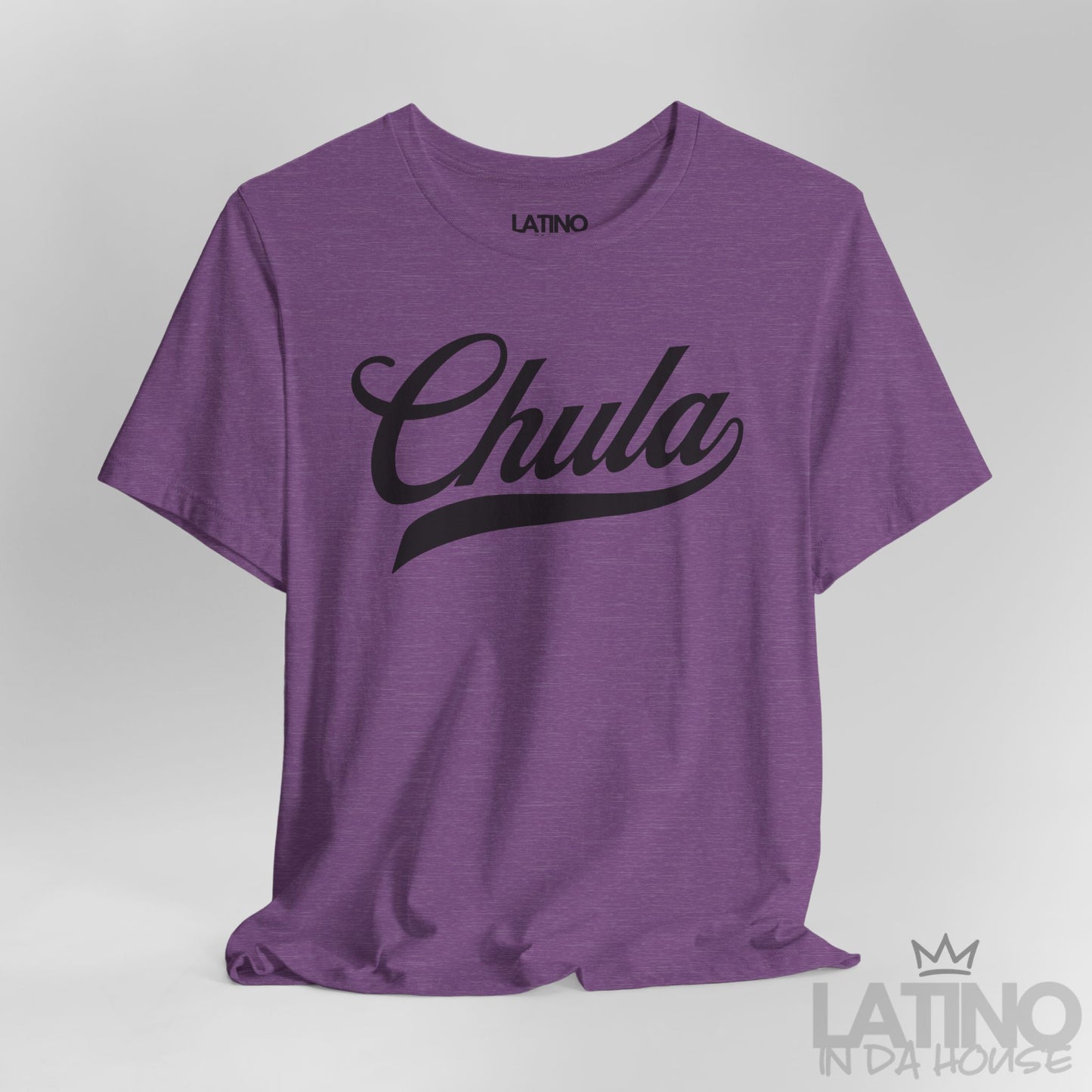 Heather Purple Chula T-shirt, close-up showing script design detail. Latino In Da House