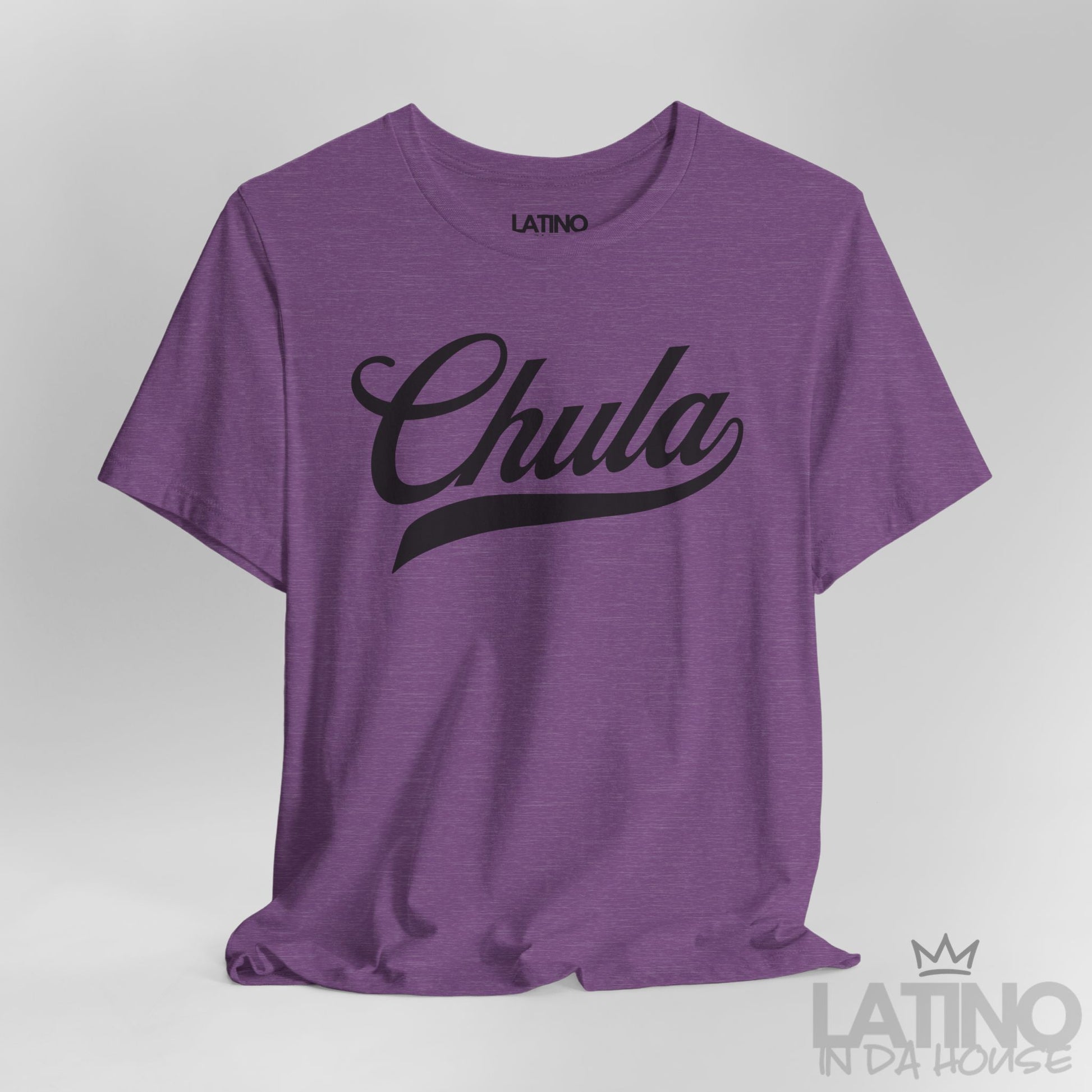 Heather Purple Chula T-shirt, close-up showing script design detail. Latino In Da House
