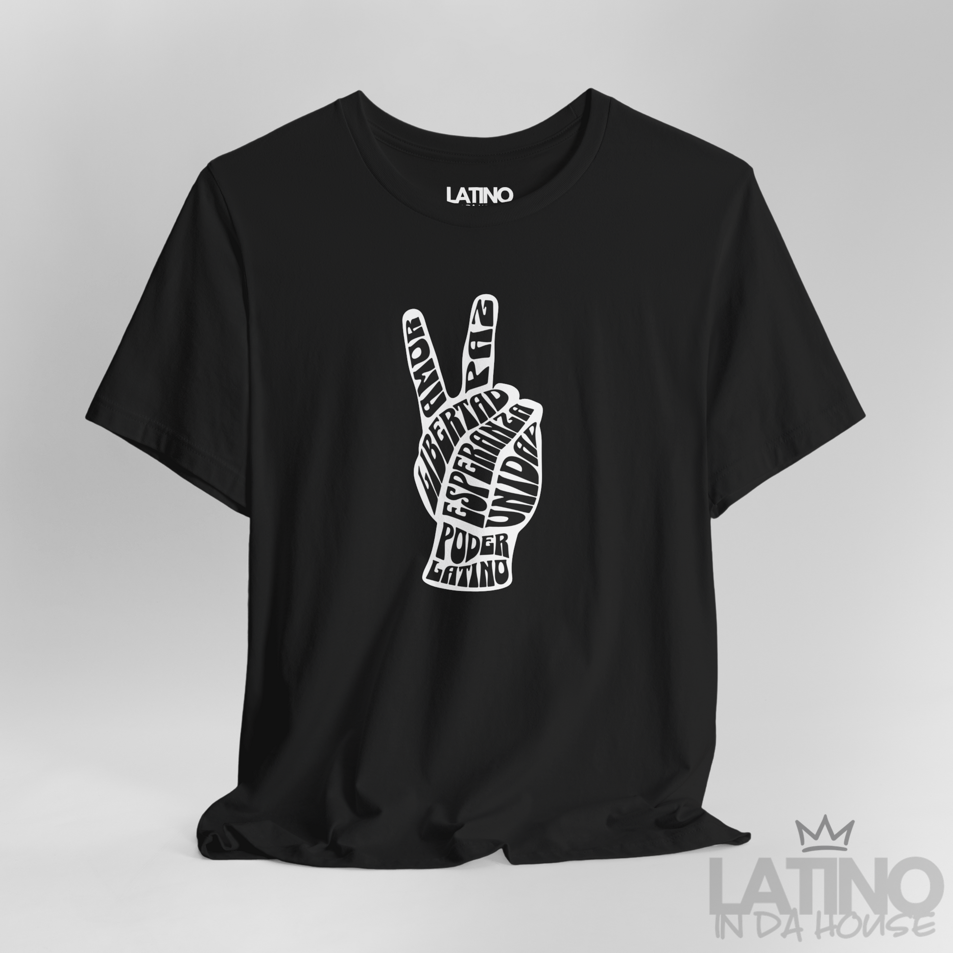 Close Up Poder Latino Peace Hand T-Shirt in black featuring unity hand design with empowering words – Latino In Da House