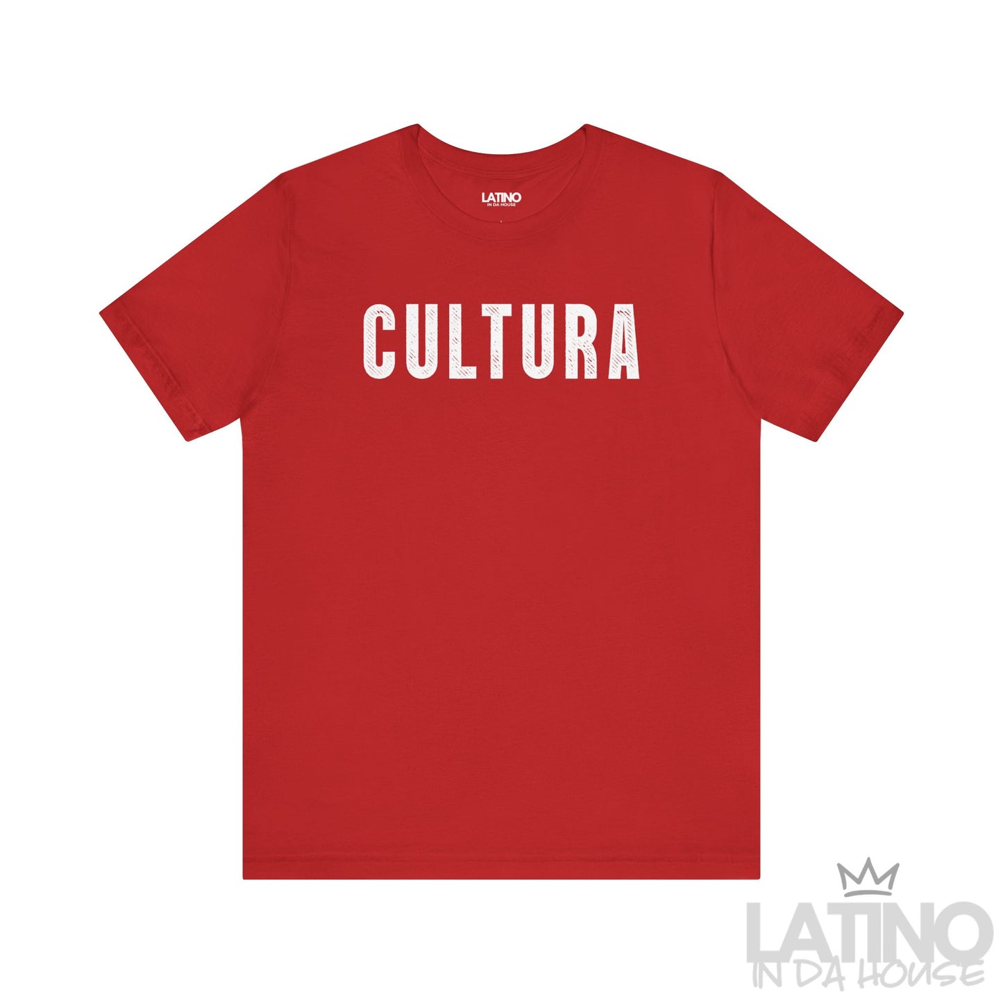Cultura T-Shirt in red with bold white lettering. Latino In Da House