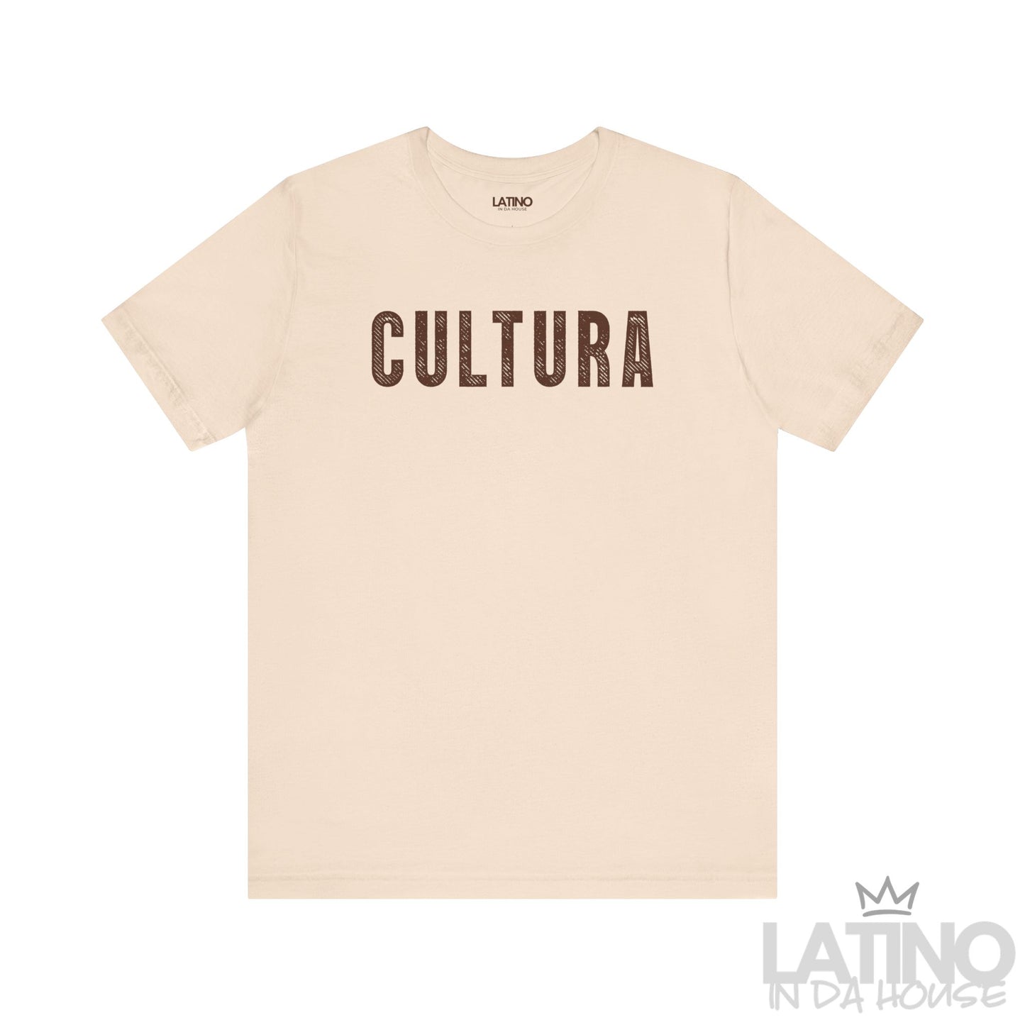Cultura T-Shirt in soft cream with bold brown lettering. Latino In Da House