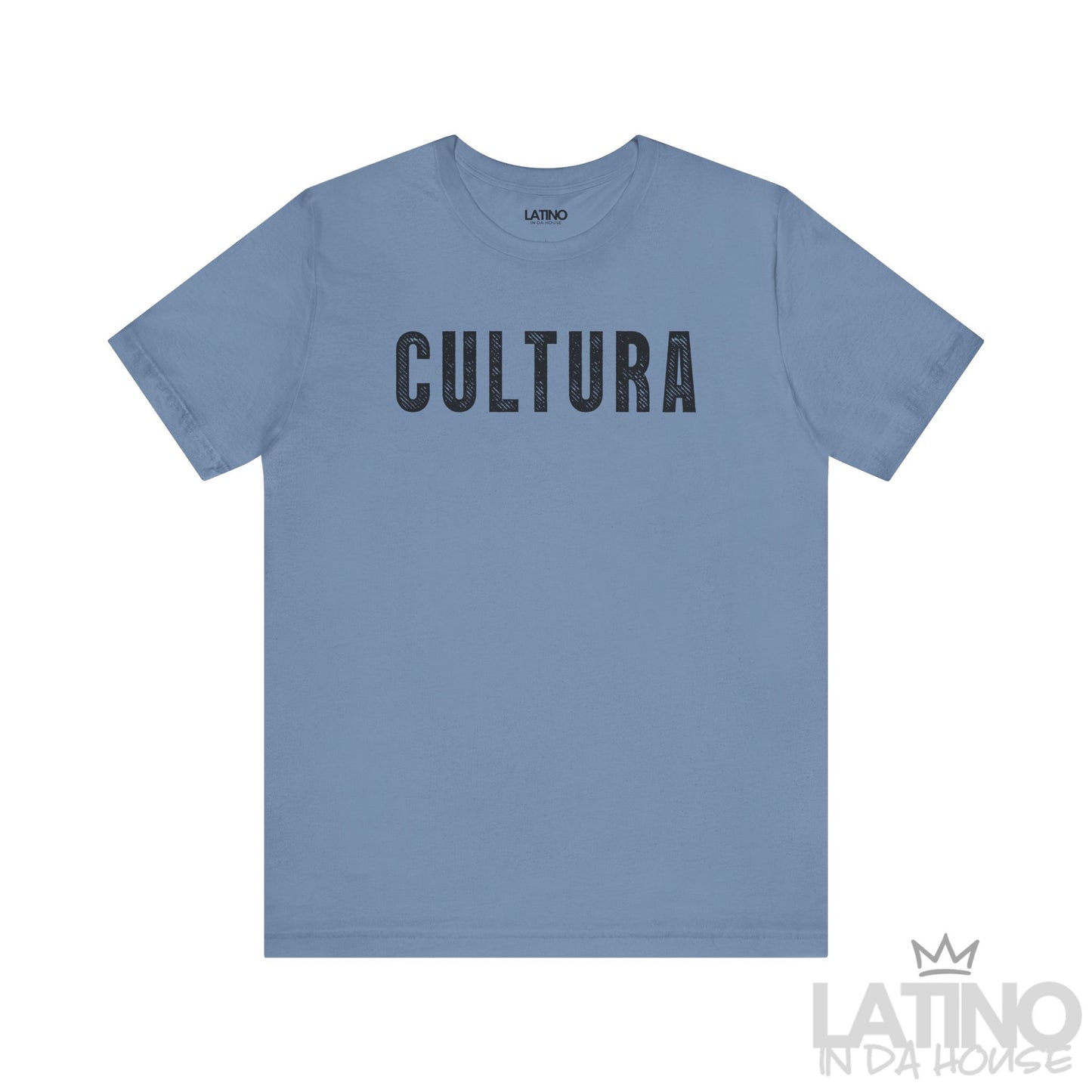 Cultura T-Shirt in steel blue with bold black lettering. Latino In Da House