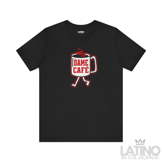 Dame Café T-Shirt in black with red and white walking coffee cup graphic – Latino In Da House