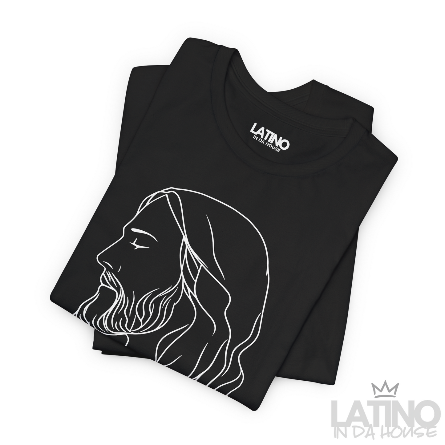 Minimal black faith tee flat lay with “El Rey, Primero y Siempre” text and Jesus line art. Latino In Da House