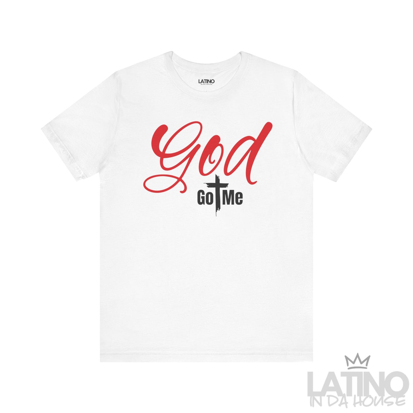 God Got Me T-Shirt in white featuring red script lettering and cross design. Latino In Da House