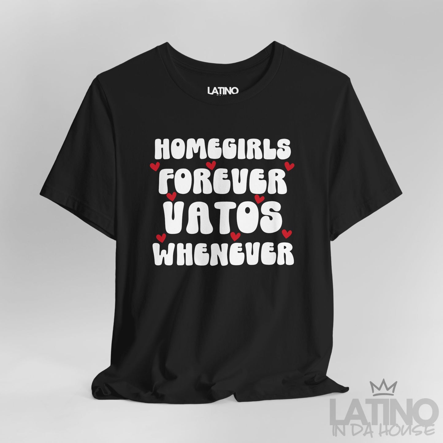Closeup of design on black “Homegirls Forever Vatos Whenever” shirt. Latino In Da House