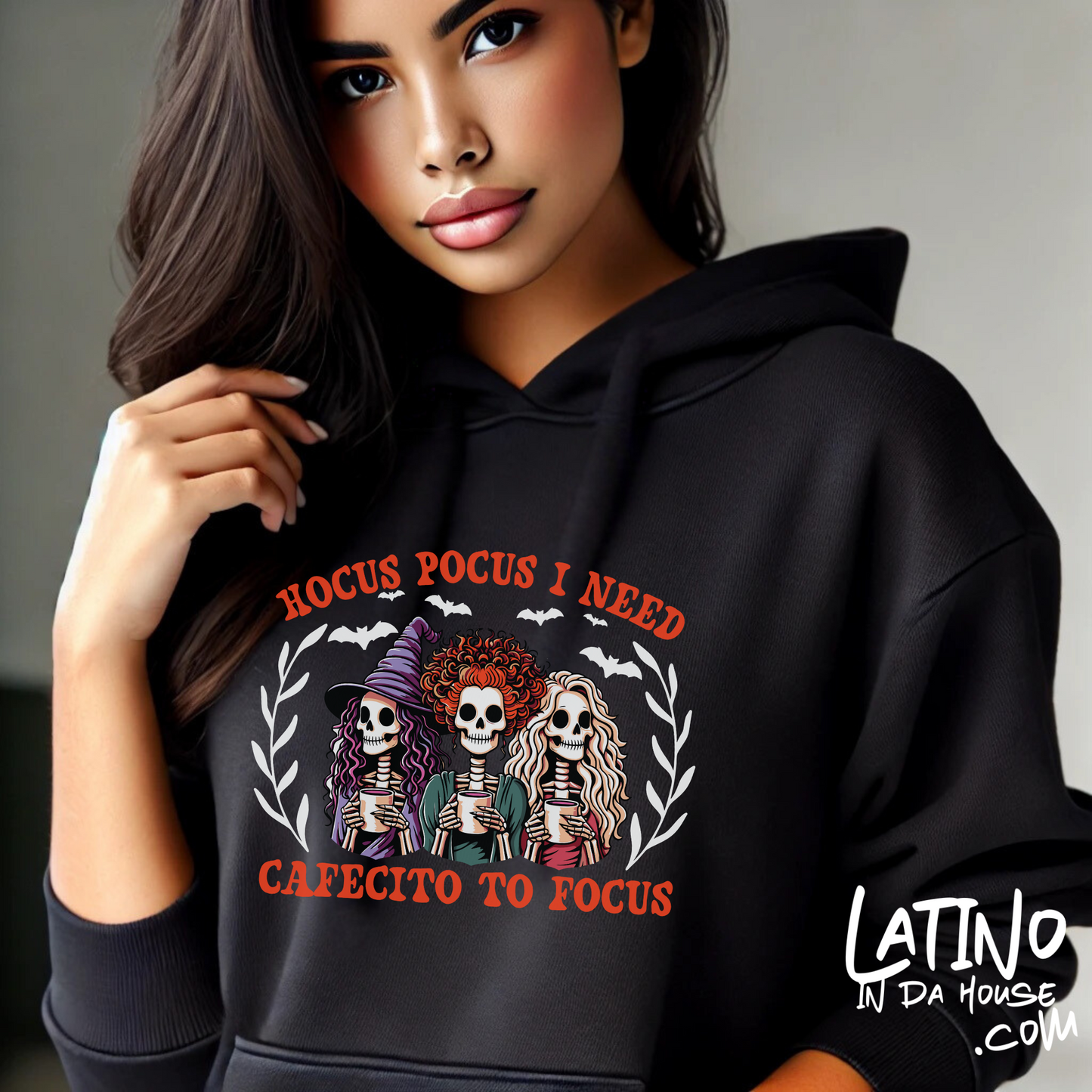 "Hocus Pocus I Need Cafecito to Focus" Witchy Skeleton Hoodie