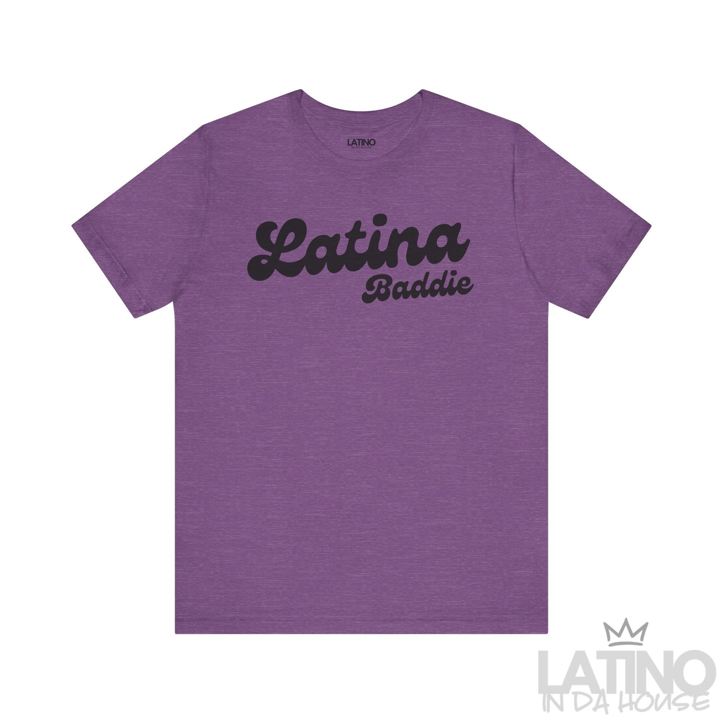 Heather Purple Latina Baddie T-shirt with bold script design. Latino In Da House