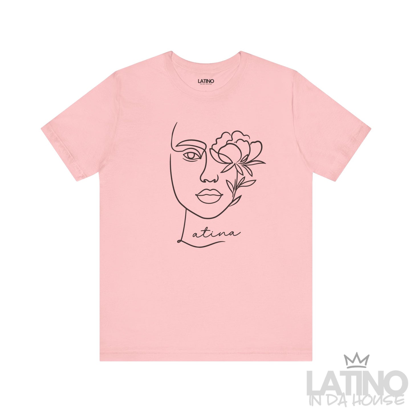 Pink Latina T-shirt with minimalist line art face and floral design. Latino In Da House