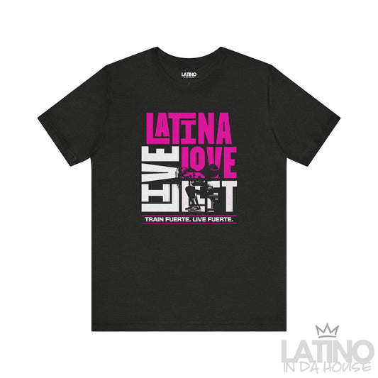 Latina Love Lift Gym T-shirt in black heather with vibrant pink and white gym graphic – Train Fuerte Live Fuerte – Latino In Da House