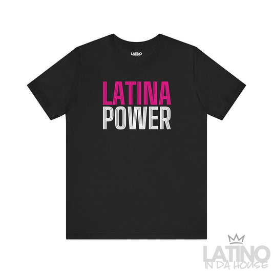 Black Latina Power T-shirt with bold retro and pink/white outlined text. Latino In Da House