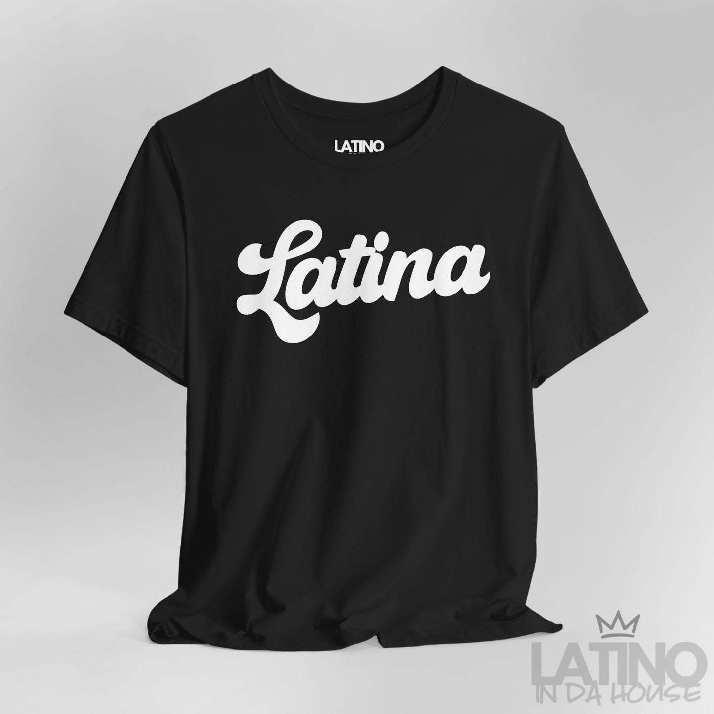Close-up view of black Latina Script T-Shirt with bold white lettering – Latino In Da House