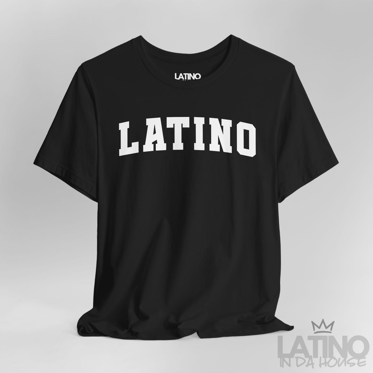 Close Up Black “LATINO” T-shirt in bold collegiate font – Latino In Da House
