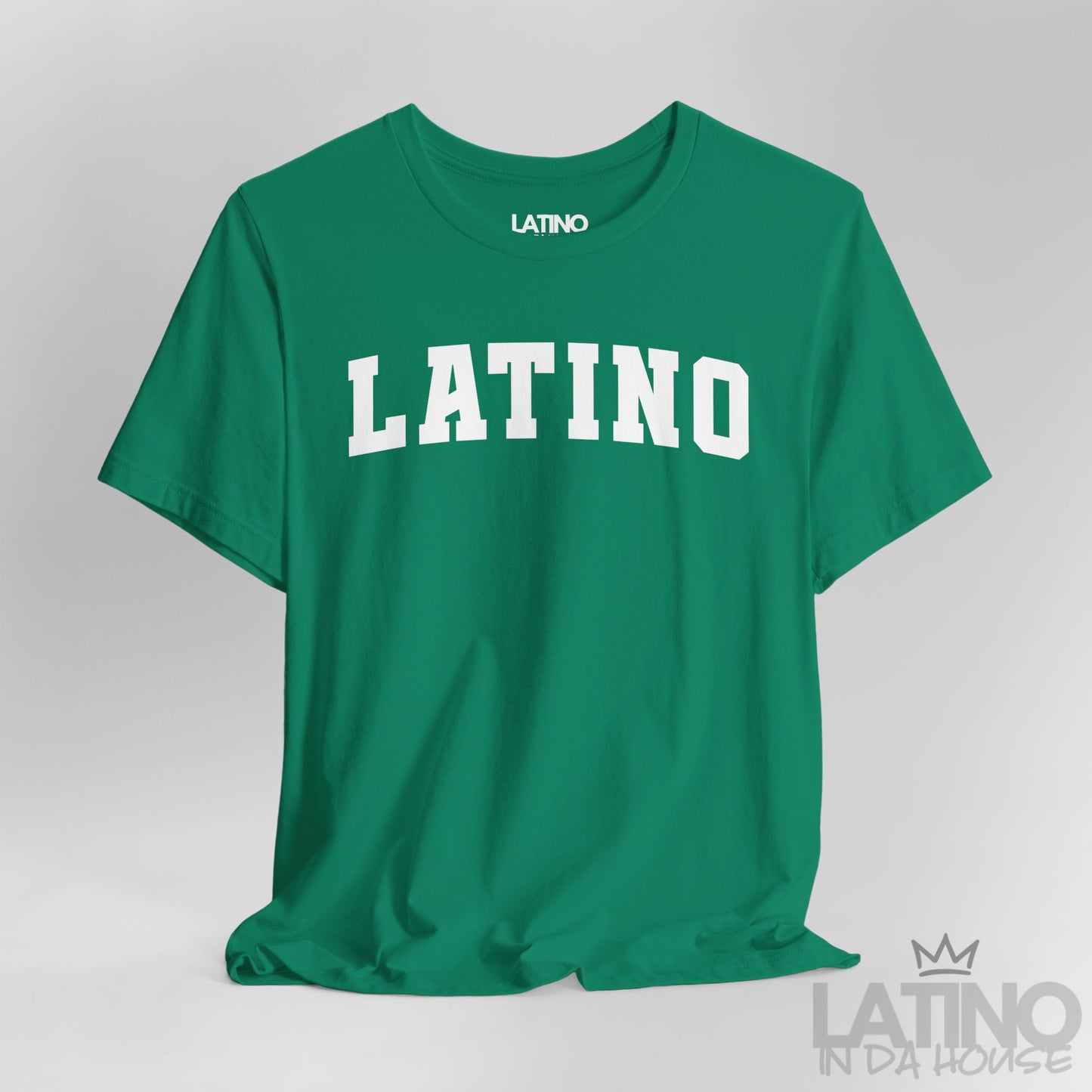 Close Up Kelly Green “LATINO” T-shirt in bold collegiate font – Latino In Da House