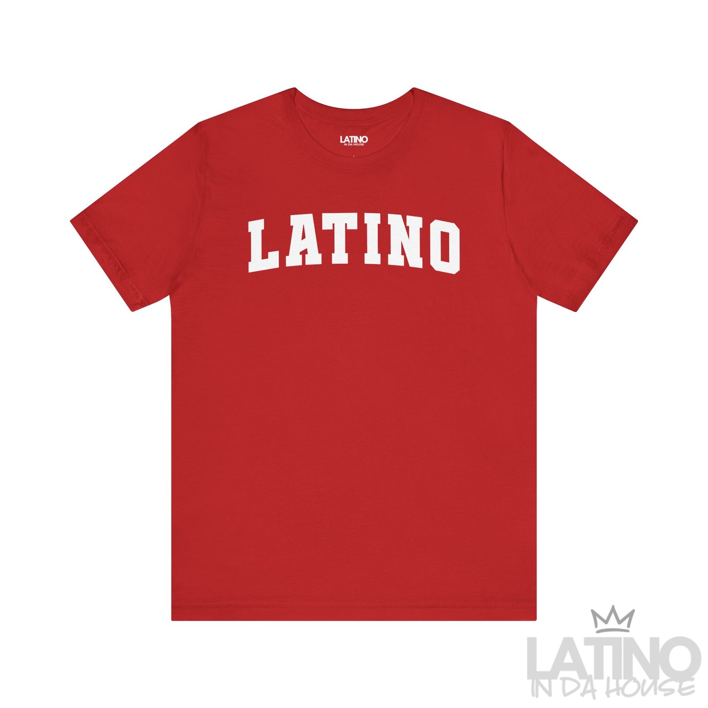 Red “LATINO” T-shirt in bold collegiate font – Latino In Da House