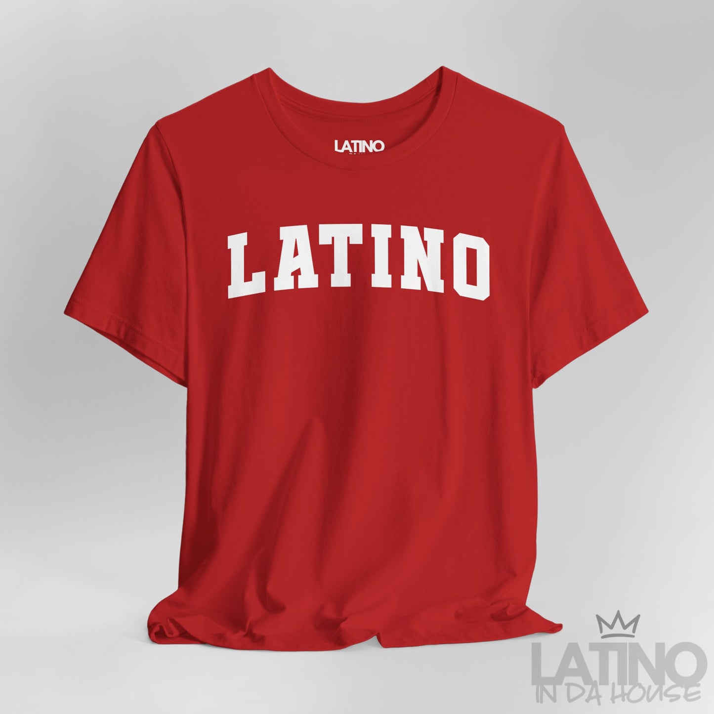 Close Up Red “LATINO” T-shirt in bold collegiate font – Latino In Da House
