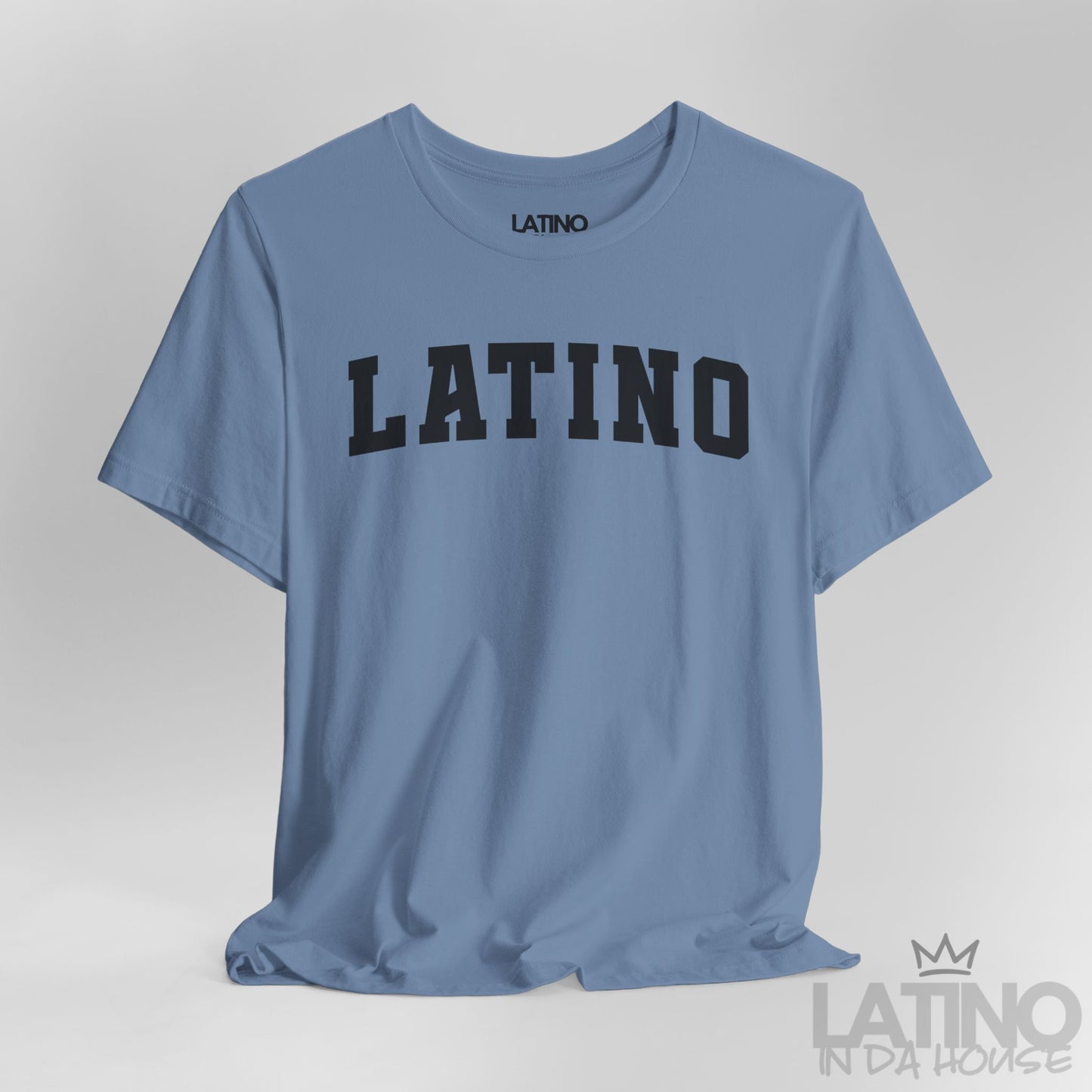 Close Up Steel Blue “LATINO” T-shirt in bold collegiate font – Latino In Da House