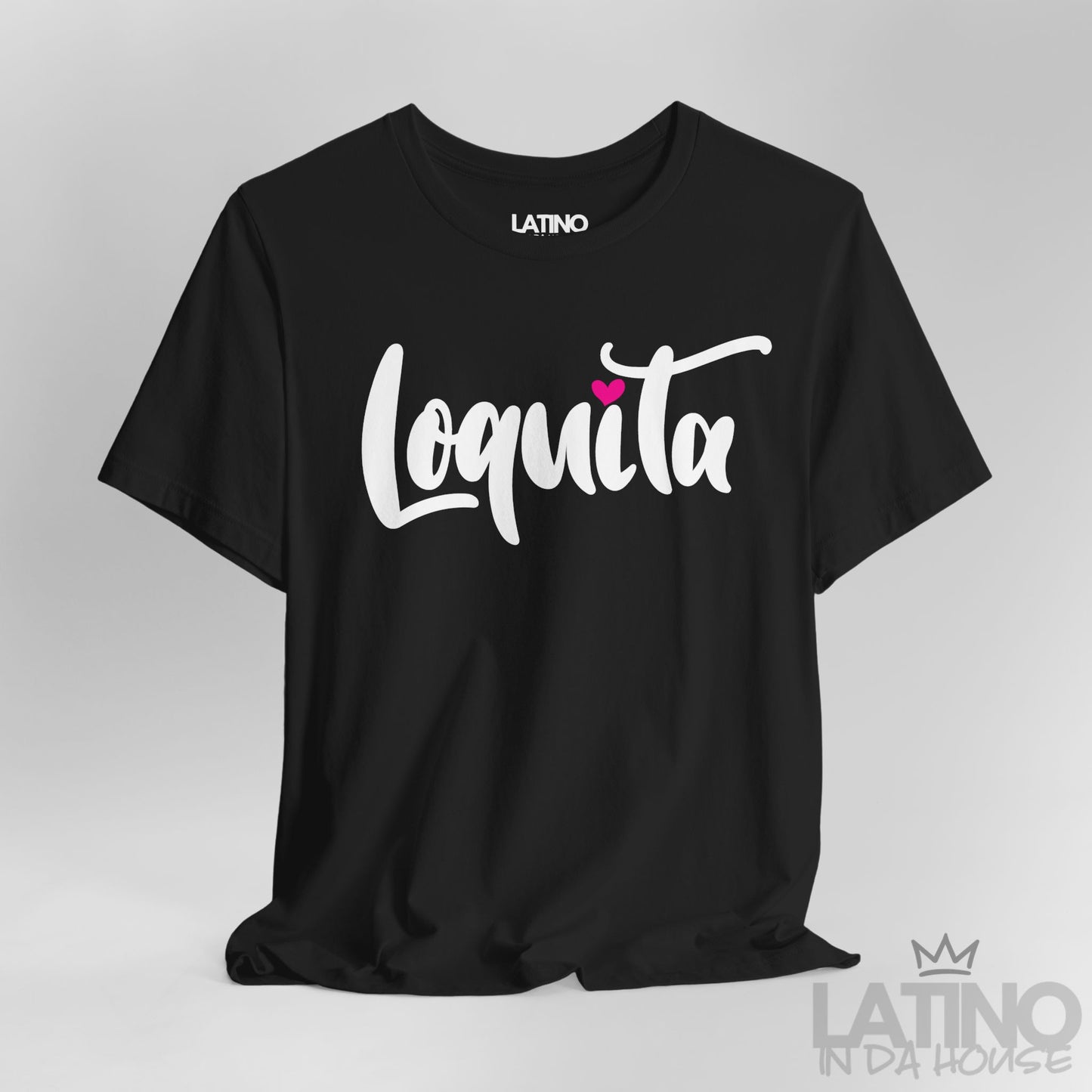 Closeup of Loquita T-shirt in black with pink heart detail on lettering – Latino In Da House