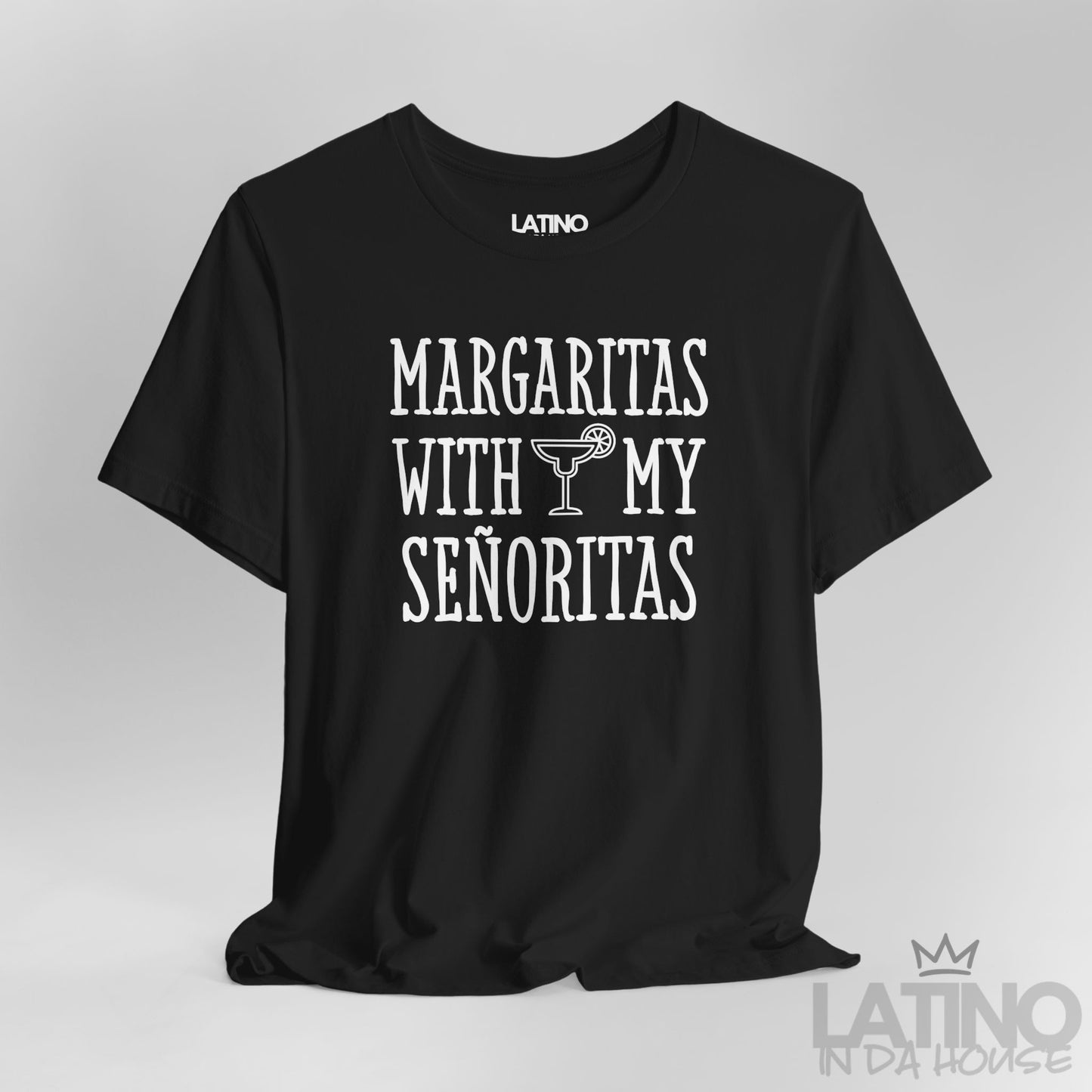 Close-up of soft cream T-shirt design with margarita glass and text. Latino In Da House