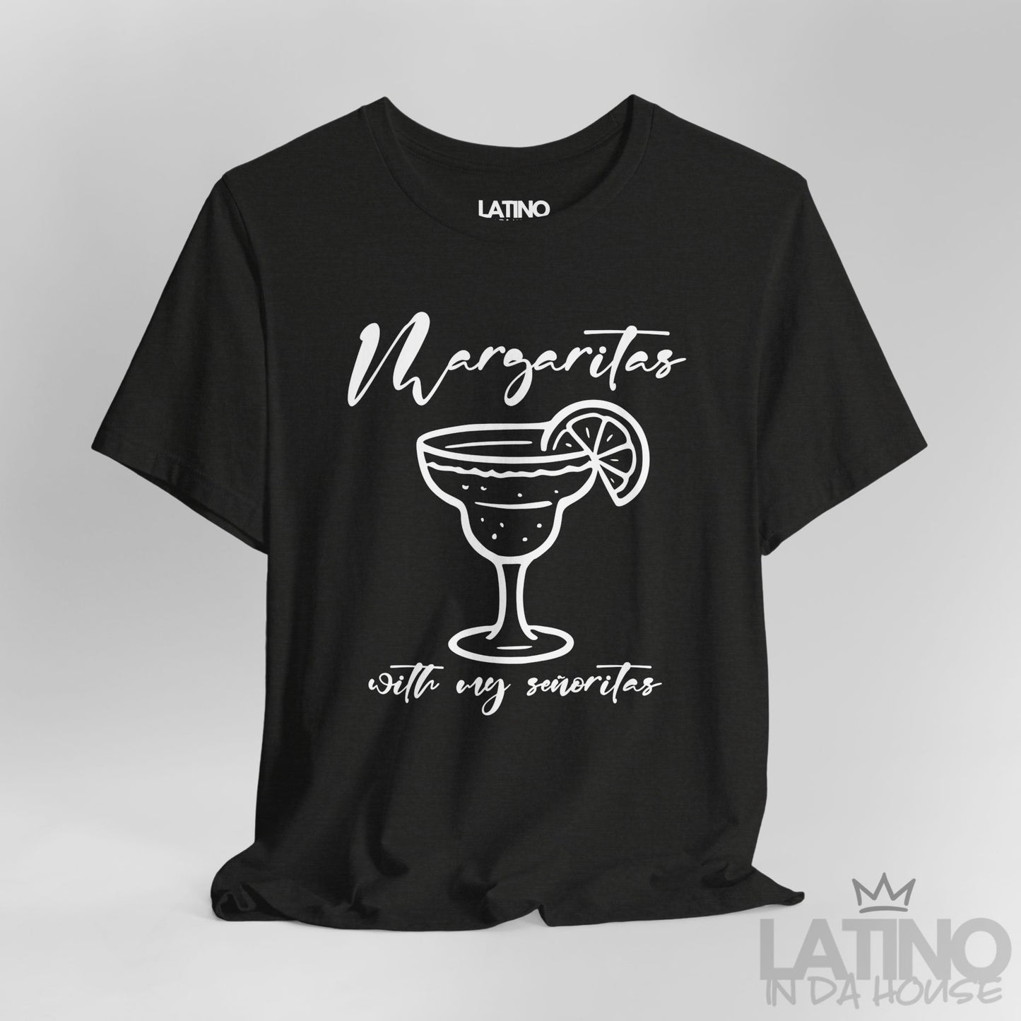 Close-up of heather black T-shirt design with margarita glass and text. Latino In Da House