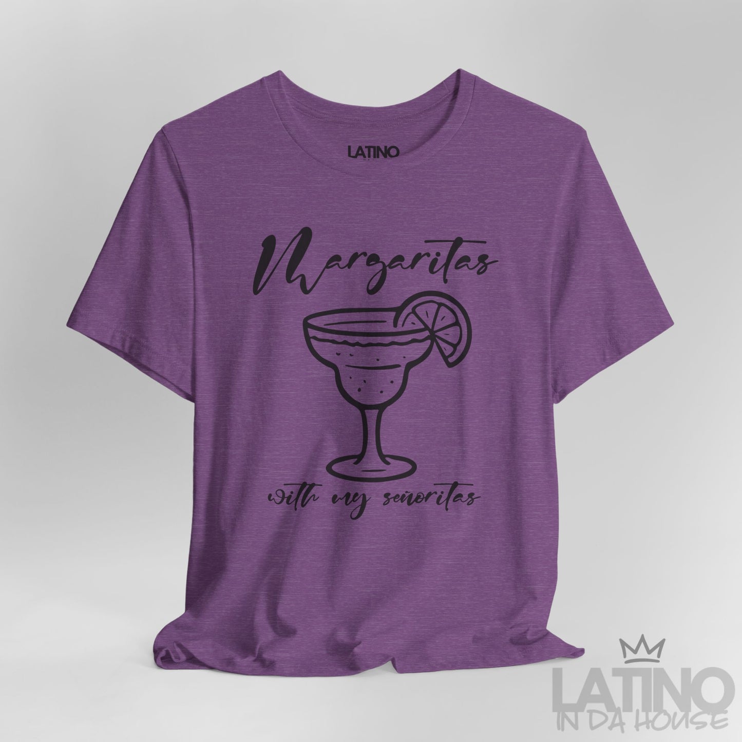 Close-up of heather purple T-shirt design with margarita glass and text. Latino In Da House