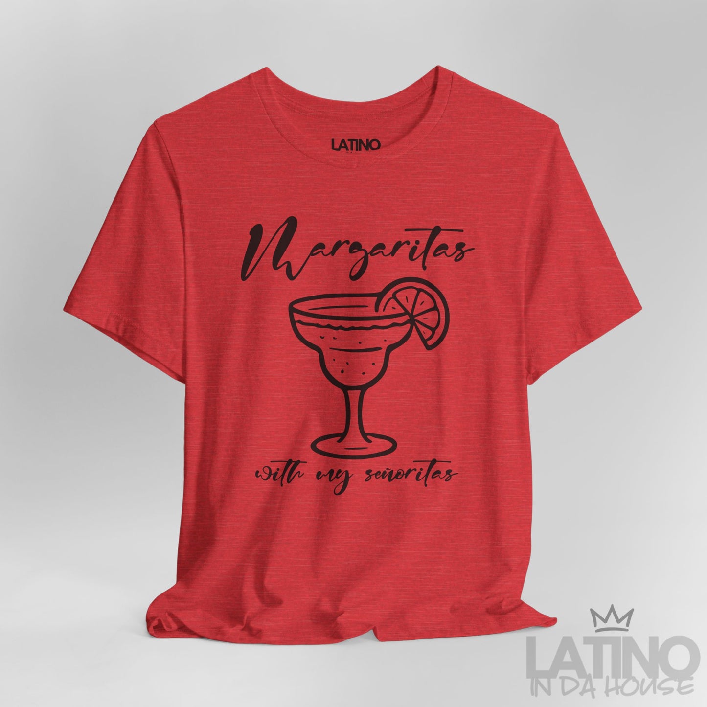 Close-up of heather red T-shirt design with margarita glass and text. Latino In Da House