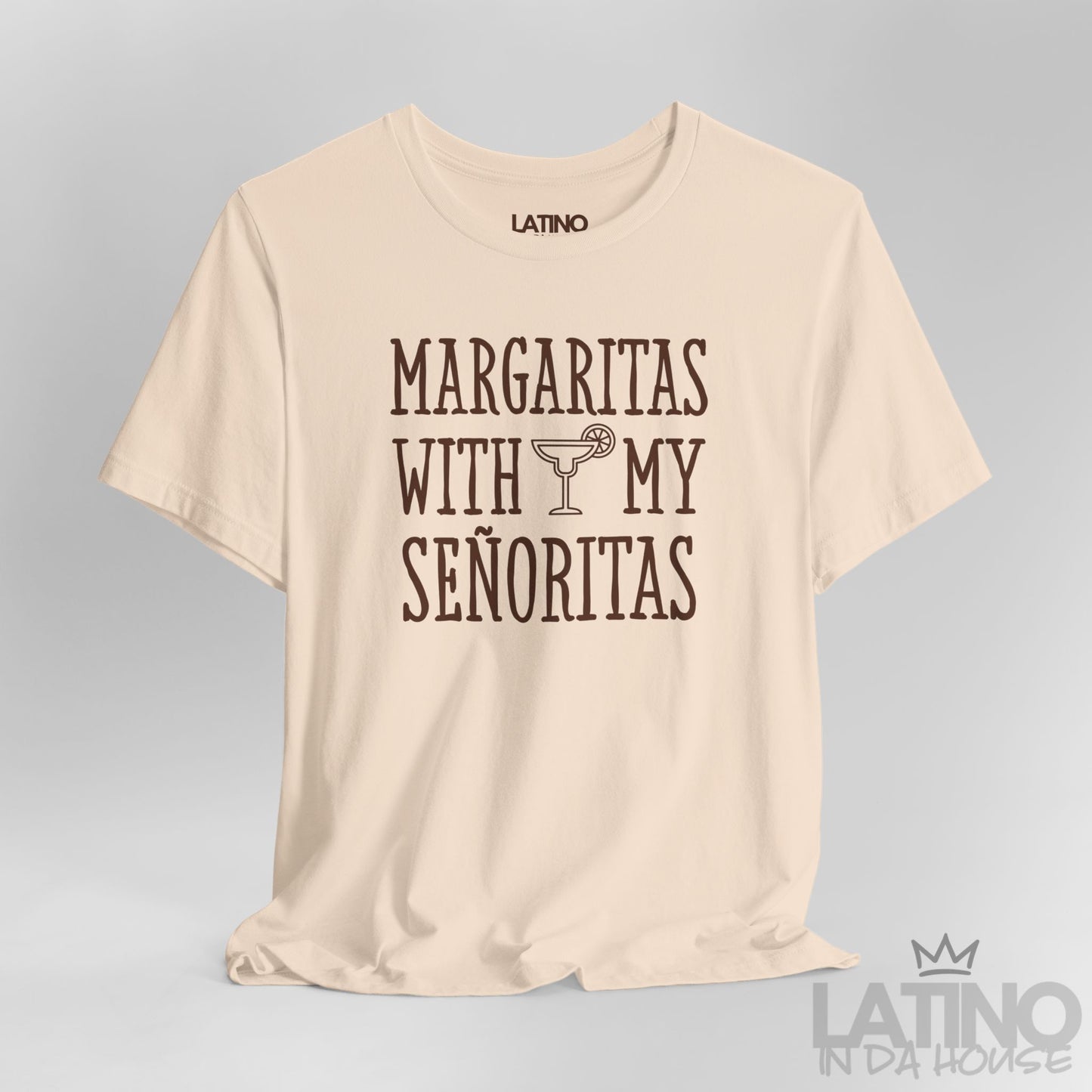 Close-up of soft cream T-shirt design with margarita glass and text. Latino In Da House