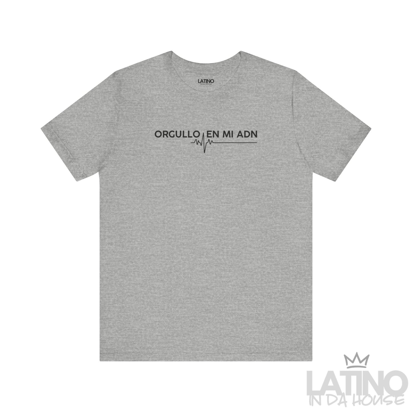 Orgullo En Mi ADN T-Shirt in heather grey with black text and heartbeat line – Latino In Da House