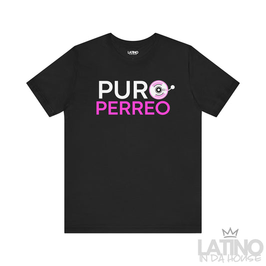 Black Puro Perreo T-Shirt with white and pink text featuring record graphic – Latino In Da House