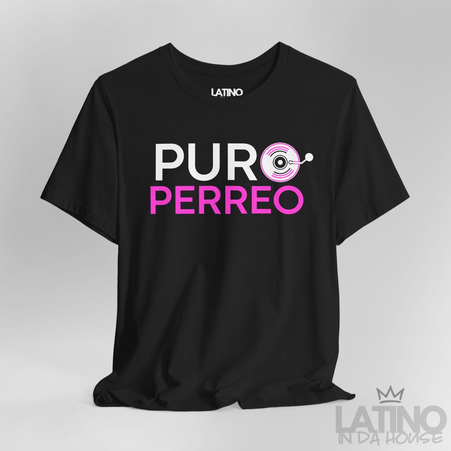 Close-up of black Puro Perreo T-Shirt with white and pink lettering and vinyl record graphic – Latino In Da House