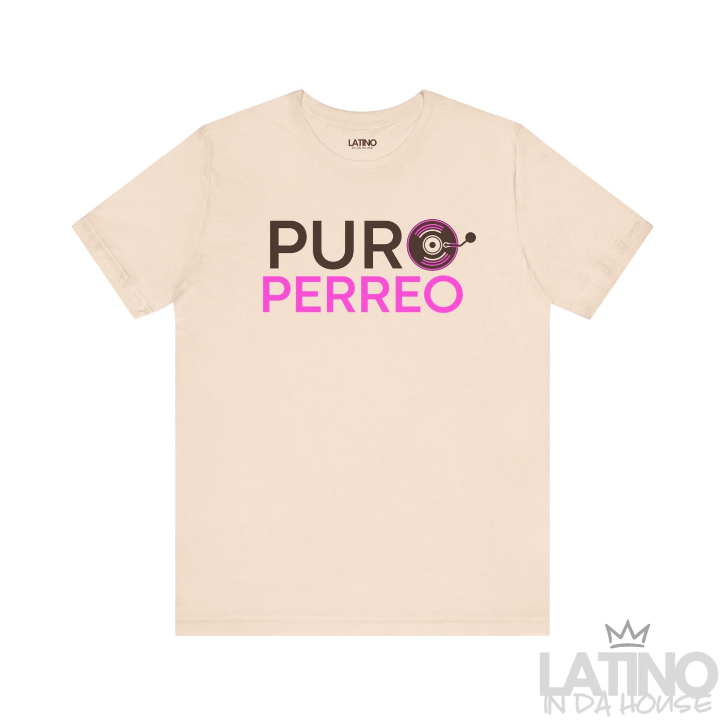 Soft cream Puro Perreo T-Shirt with brown and pink lettering and record design – Latino In Da House