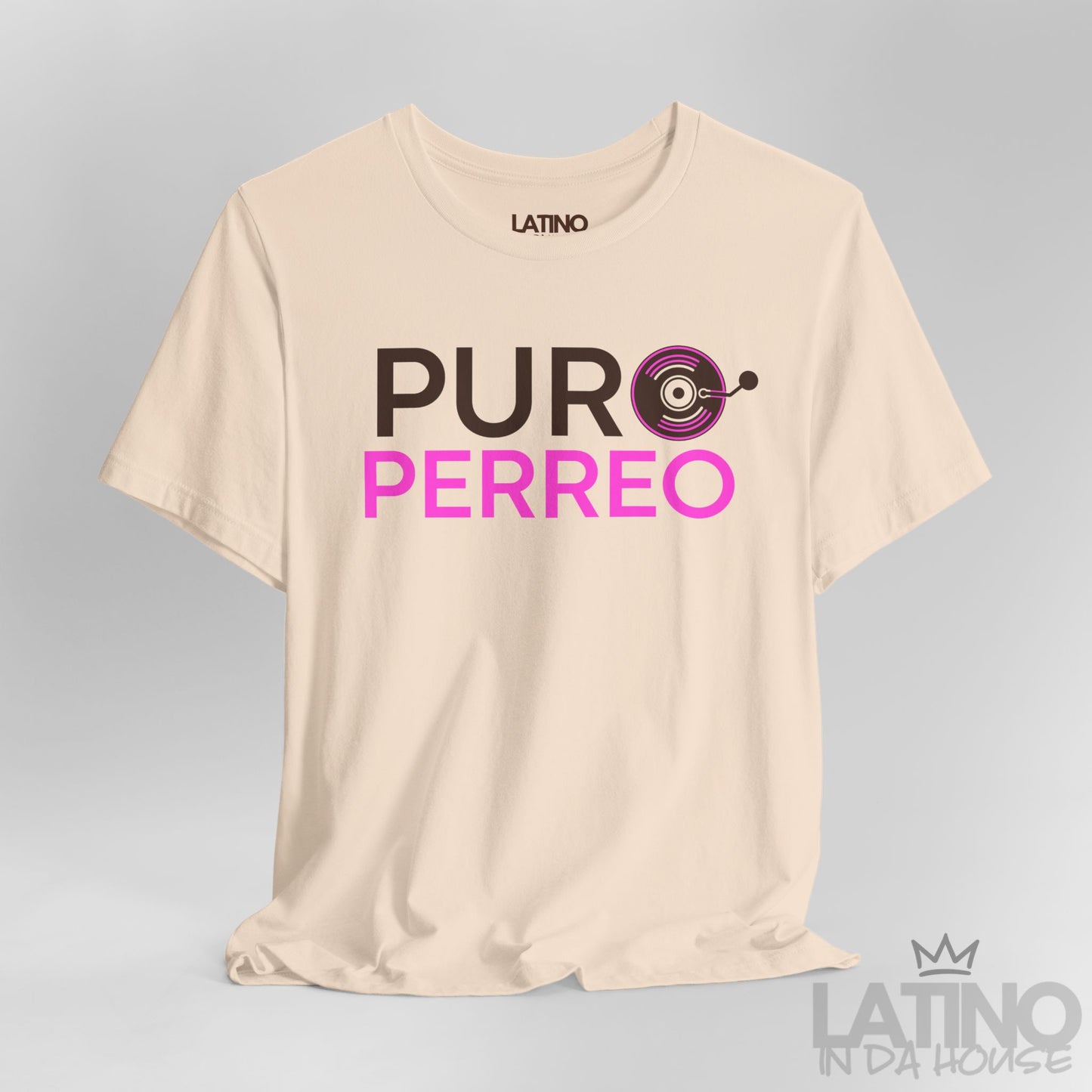 Close-up of Puro Perreo T-Shirt in soft cream with brown and pink lettering and record design – Latino In Da House