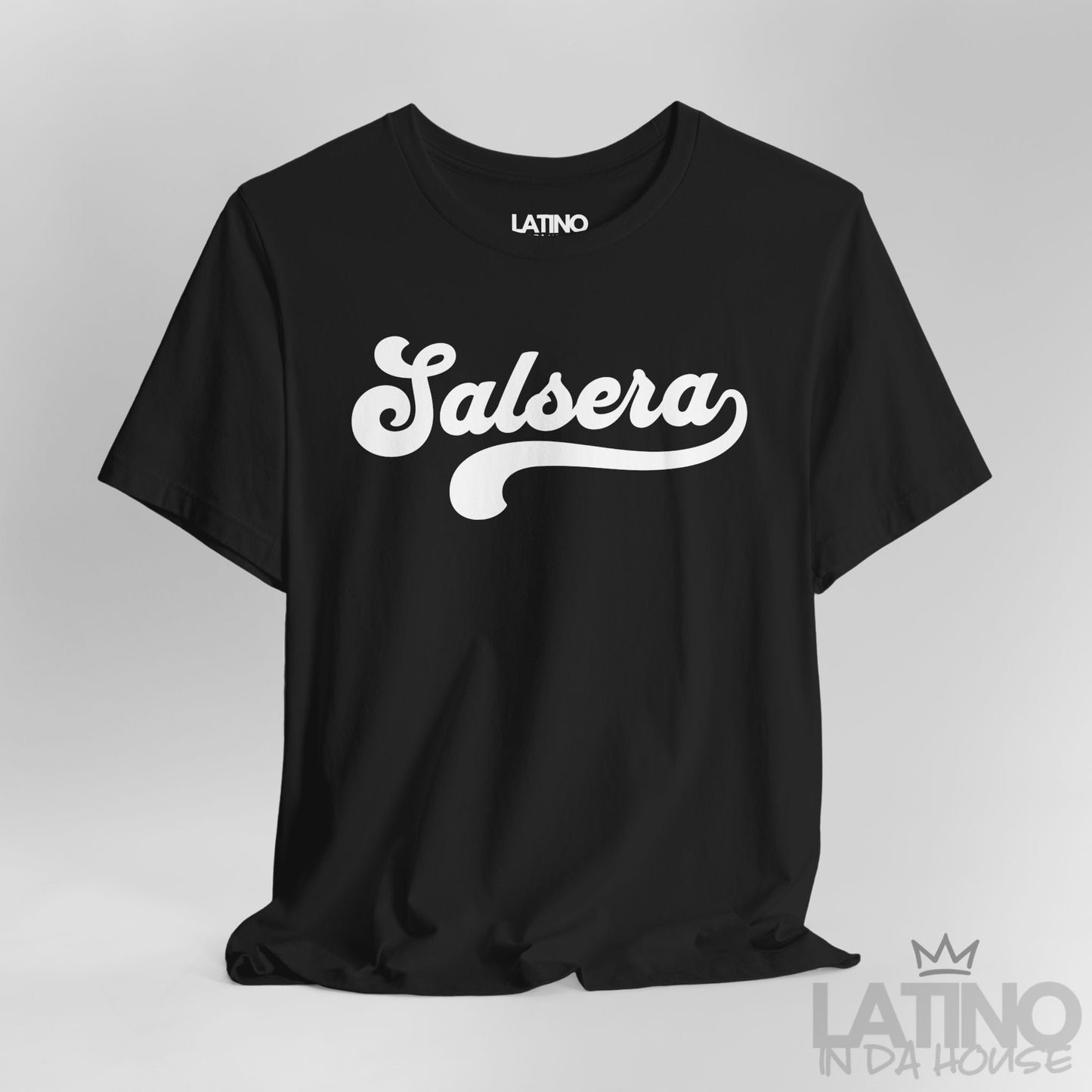 Close-up of Salsera T-Shirt in black with bold script design – Latino In Da House