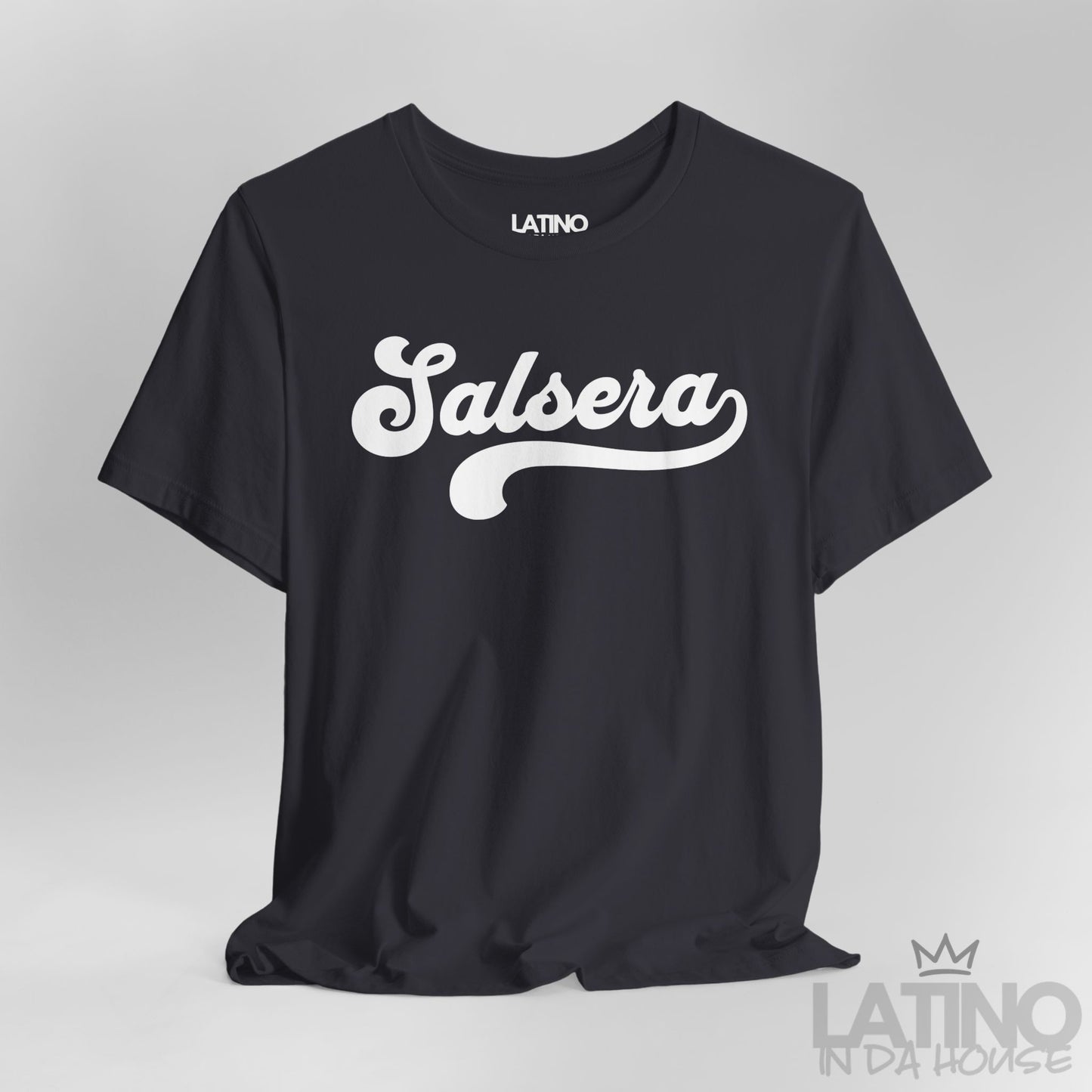 Close-up of Salsera T-Shirt in dark grey with bold script design – Latino In Da House