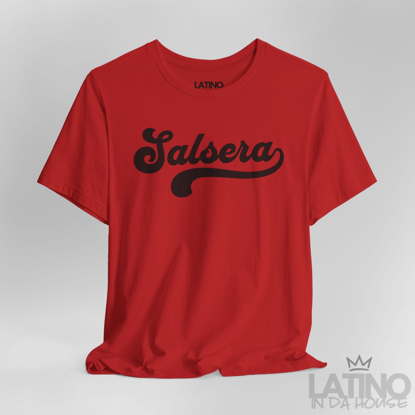 Close-up of Salsera T-Shirt in red with bold script design – Latino In Da House