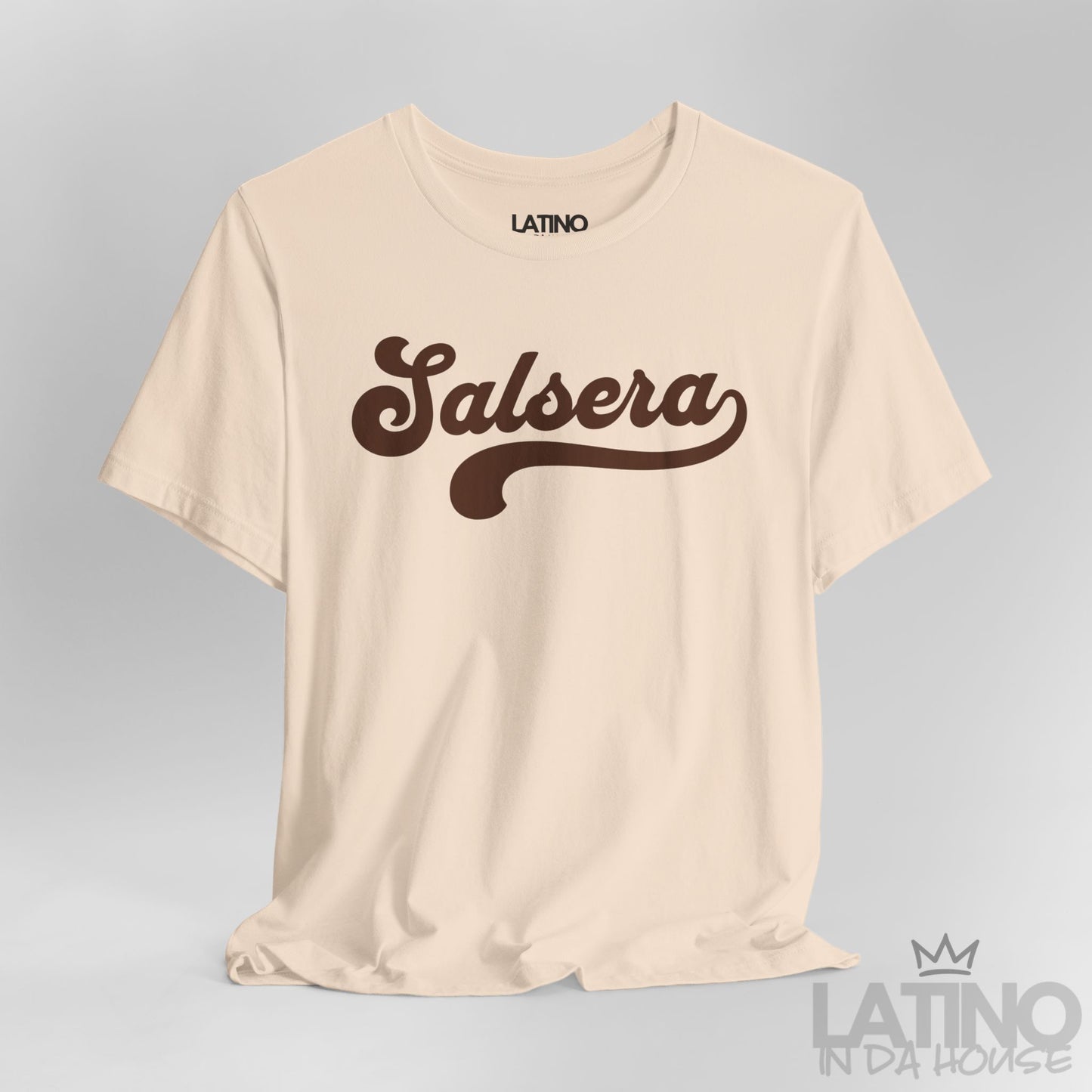 Close-up of Salsera T-Shirt in soft cream with bold script design – Latino In Da House