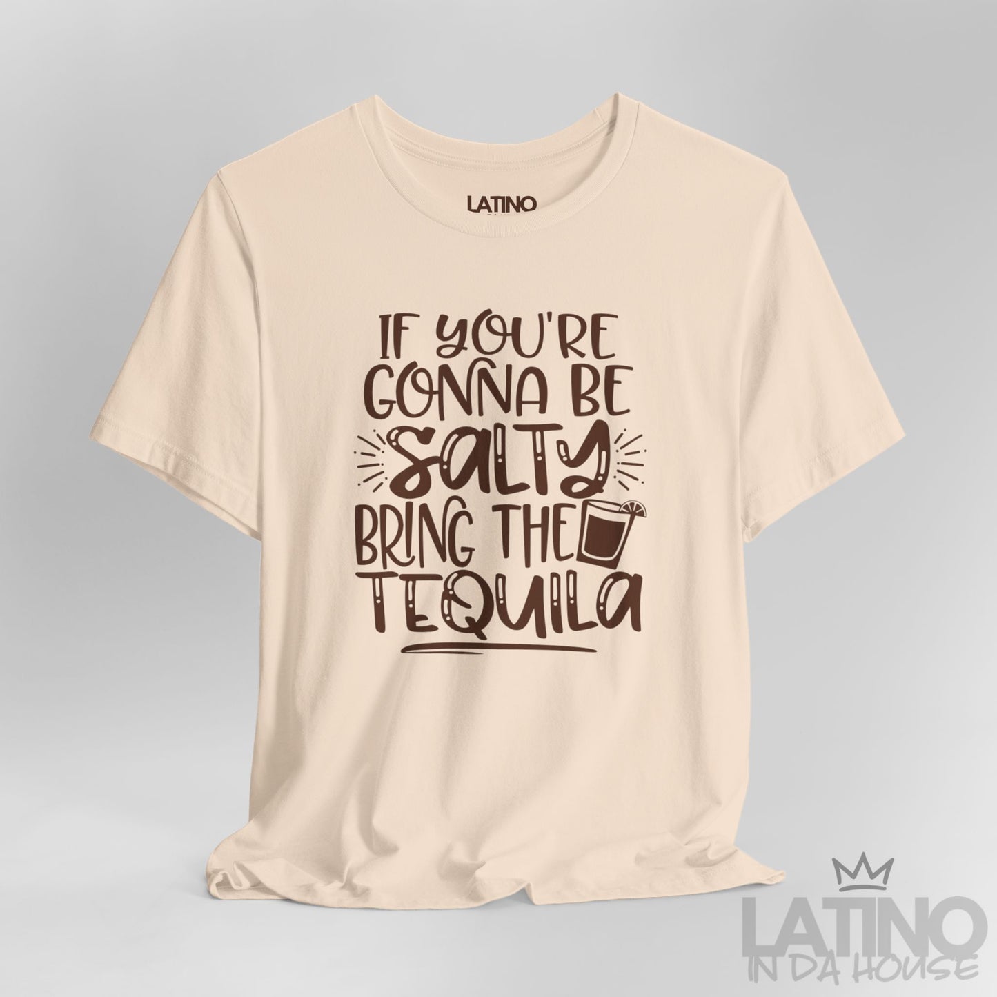 Close-up of Soft Cream T-shirt design with salty tequila phrase and cocktail glass. Latino In Da House