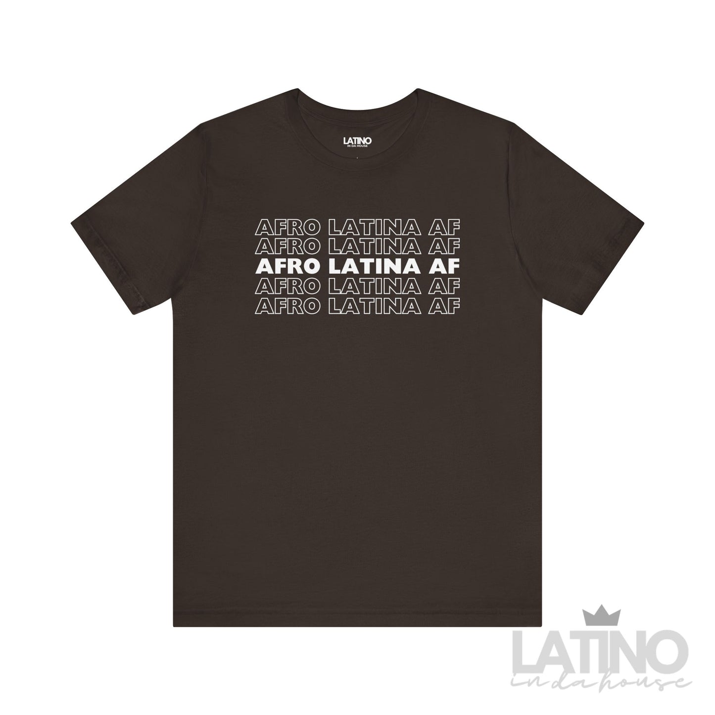 Afro Latina AF T-Shirt in brown with bold repeating design
