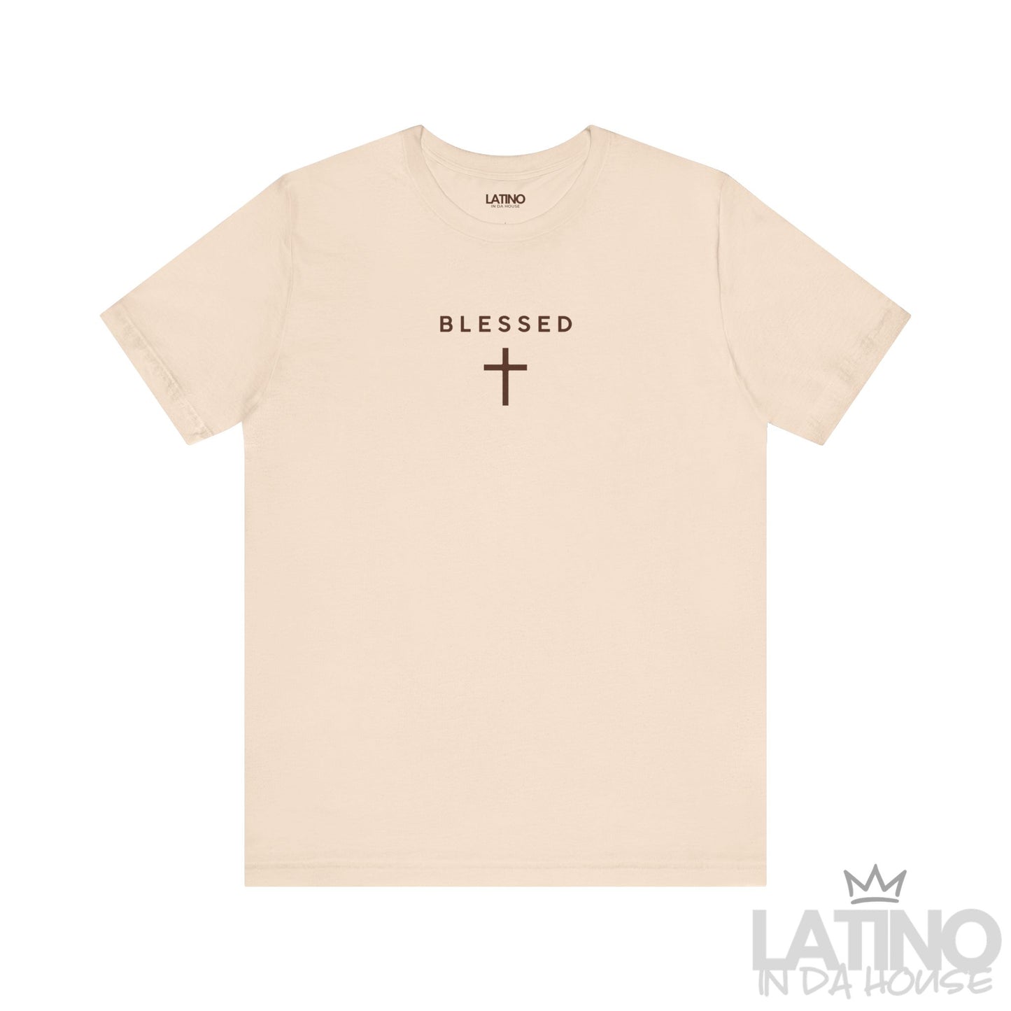 Blessed T-Shirt in soft cream with brown minimalist cross and text. Latino In Da House