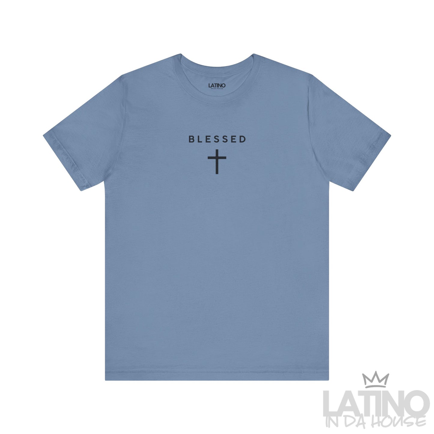 Blessed T-Shirt in steel blue with black minimalist cross and Blessed text. Latino In Da House