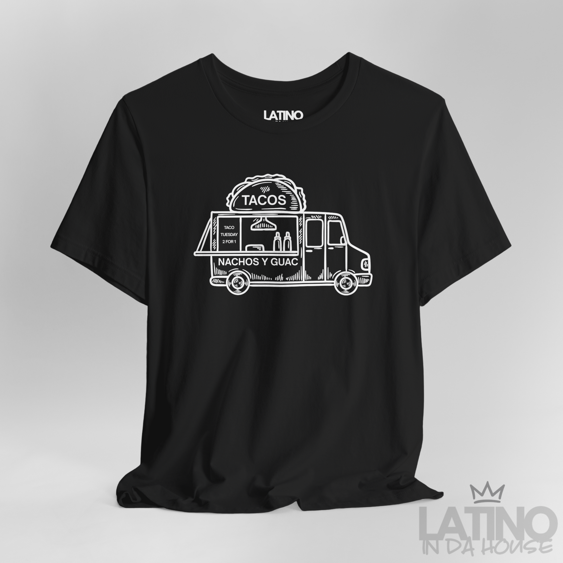 Close Up Taco Truck T-Shirt in black featuring white taco truck line art and “Nachos y Guac” — fun Latino foodie streetwear tee. Latino In Da House