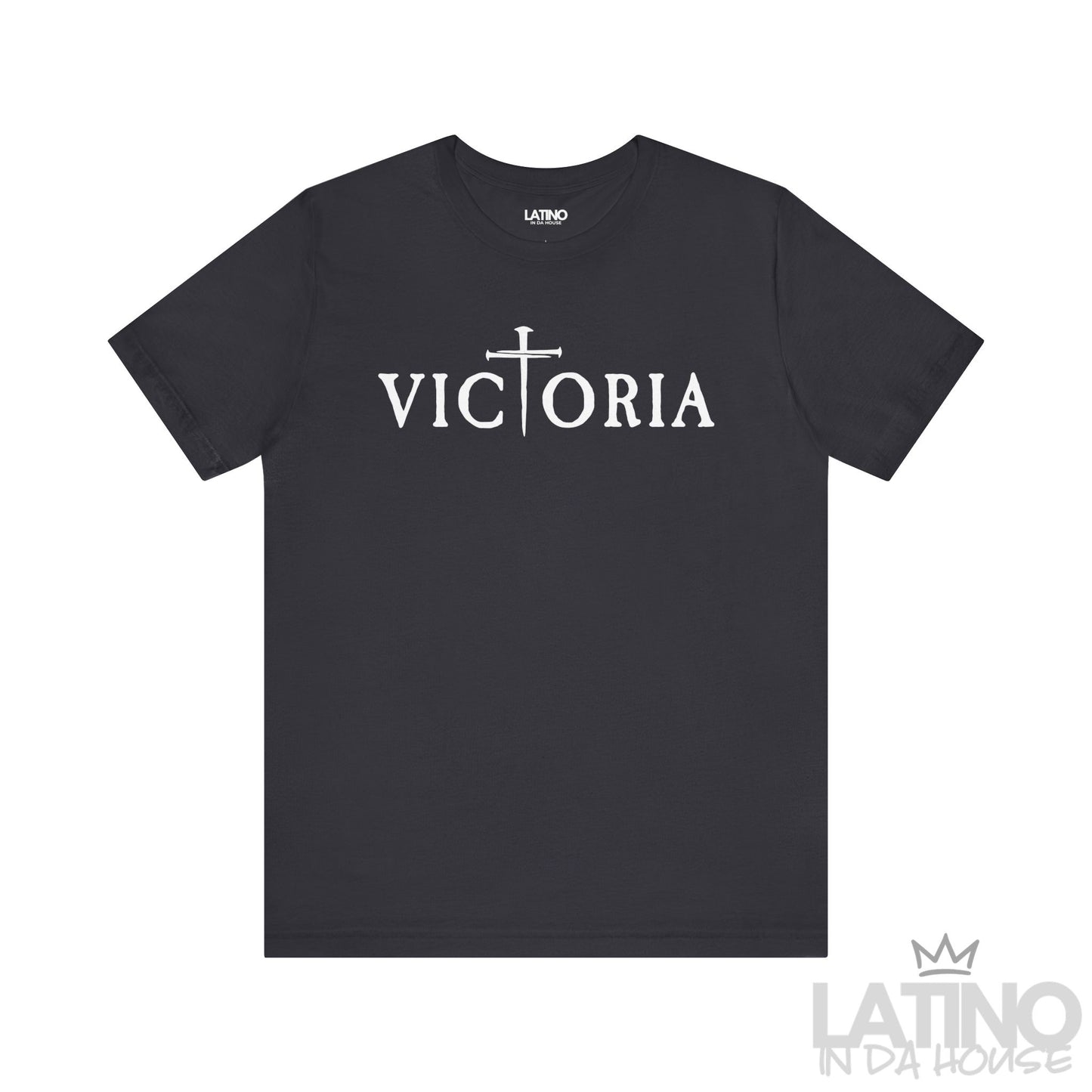 Victoria T-Shirt in dark grey with white lettering and cross T detail. Latino In Da House