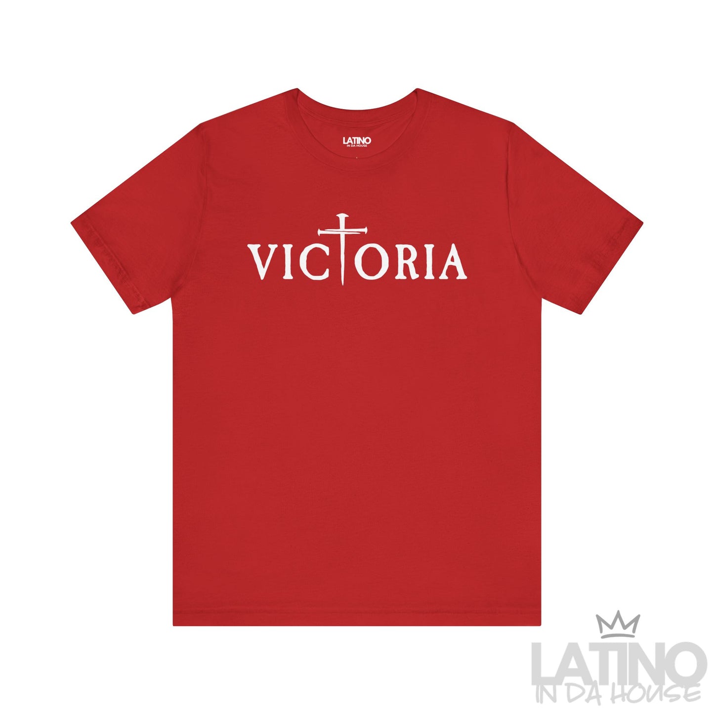 Victoria T-Shirt in red with white Victoria typography and cross T. Latino In Da House