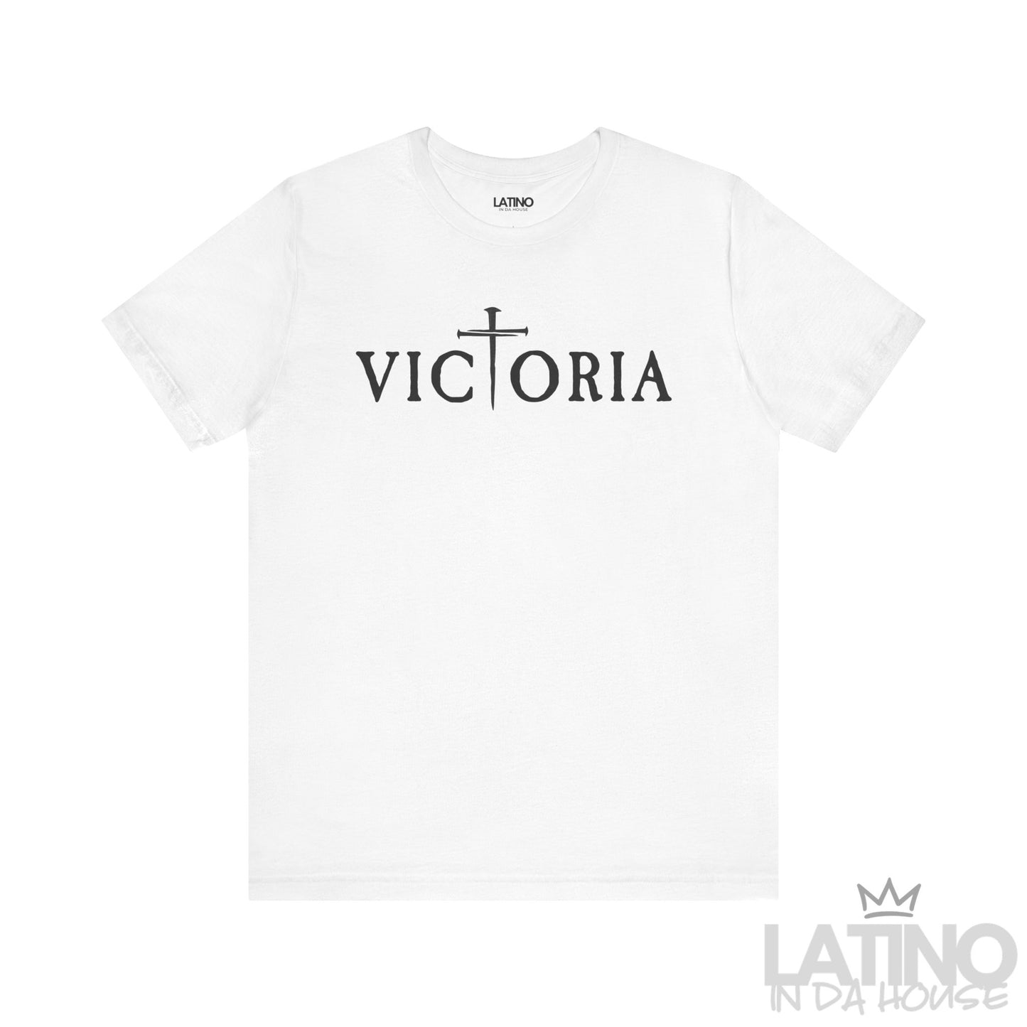 Victoria T-Shirt in white with black Victoria wordmark and cross T. Latino In Da House