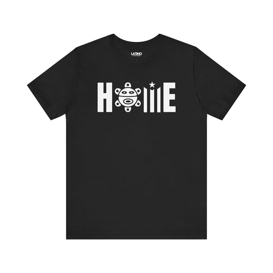 HOME T-Shirt Taíno Isla Edition featuring petroglyph design on black tee. Latino In Da House