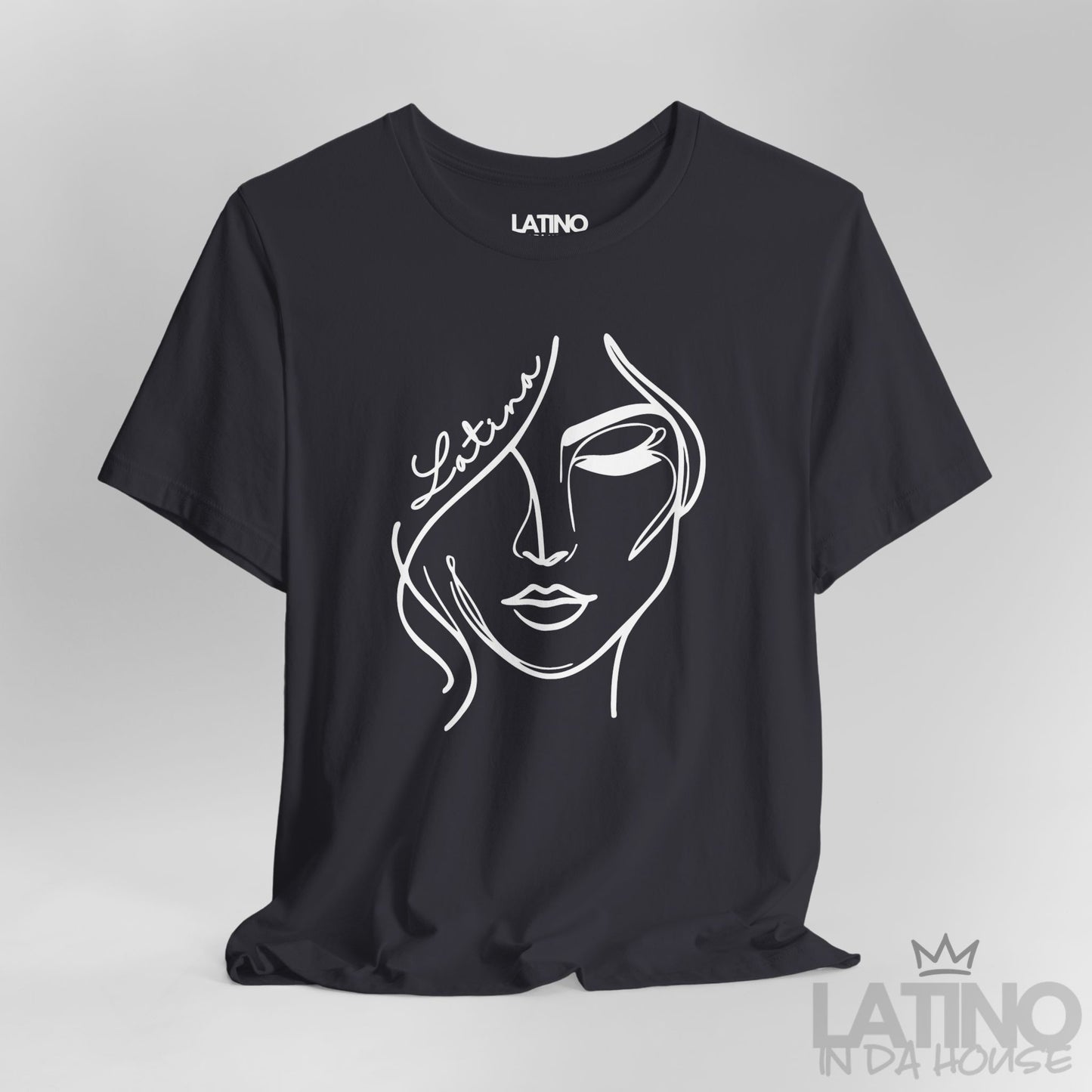 Close-up of “Latina” one-line face artwork on dark grey tee. Latino In Da House